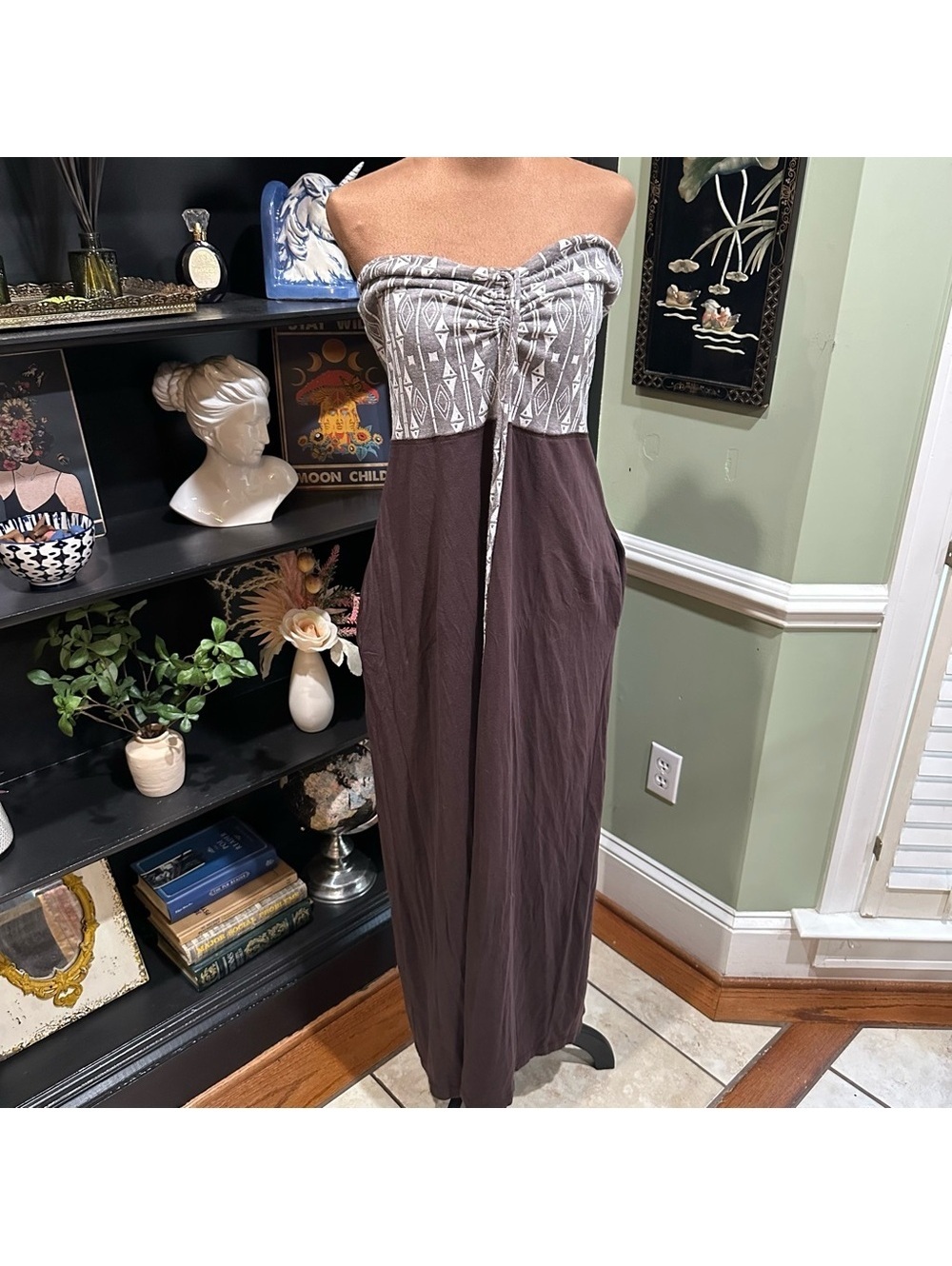 Anthropologie Lilka Brown & Grey Abstract Midi Dress – Adjustable Top – Size Med